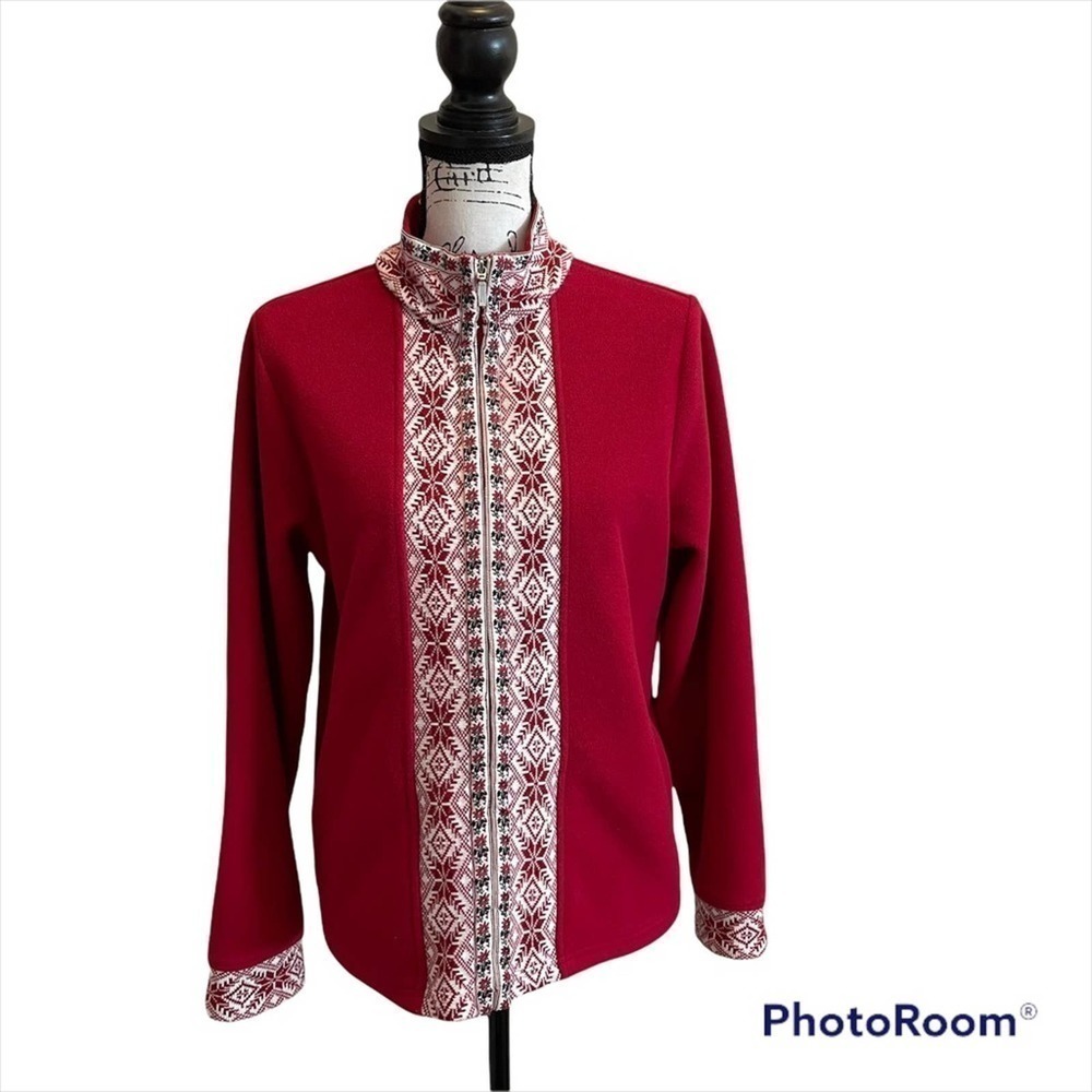L.L. Bean Fleece Jacket Ruby Red Size Medium Cardigan Nordic floral Christmas